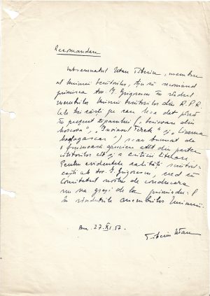 Tiberiu Utan, act scris și semnat olograf, 1957