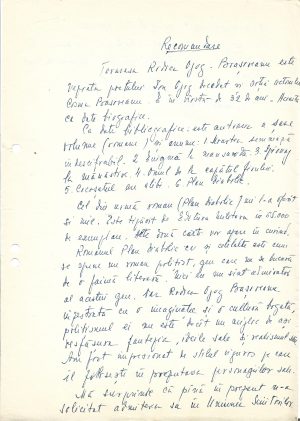 Tudor Măinescu, referință despre Rodica Ojog-Brașoveanu, scrisă și semnată olograf, 1974