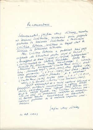 Ștefan Augustin Doinaș, act scris și semnat olograf, 1973