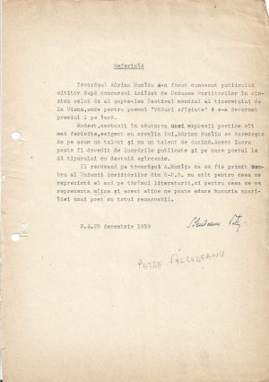 Semnătura olografă a scriitorului Petre Sălcudeanu, 1959