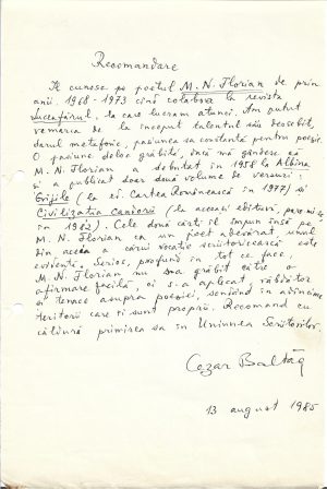 Cezar Baltag, act scris și semnat olograf, 1985