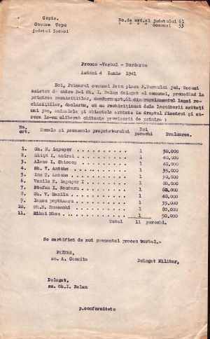 Proces verbal de rechiziție perechi de boi de la țărani pe seama armatei române, 1941, sat Țepu, județul Tecuci, azi județul Galați