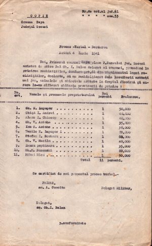 Proces verbal de rechiziție perechi de boi de la țărani pe seama armatei române, 1941, sat Țepu, județul Tecuci, azi județul Galați