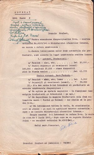 Bugetul pentru automobile al Prefecturii județului Tecuci, 1941, semnat olograf de prefect