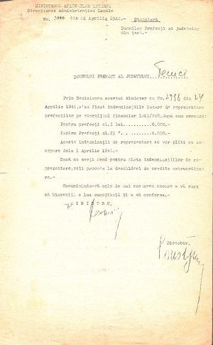 Circulară a Ministerului Afacerilor Interne, 1941, privitor la indemnizațiile lunare ale prefecților, exemplar litografiat în epocă