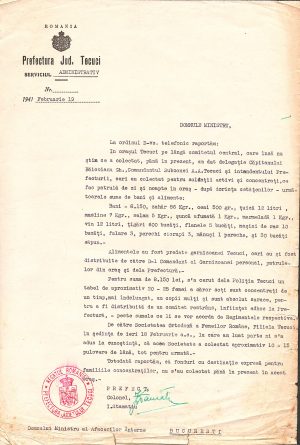 Raport Prefectura județului Tecuci către ministrul Afacerilor Interne, general Dumitru I Popescu, 1941, privind o colectă de la populație pentru soldații activi și concentrați, semnată olograf de prefect
