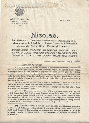 Pastorală a mitropolitului Nicolae Bălan către iubitul popor credincios din regiunea secuizată, 25 septembrie 1944