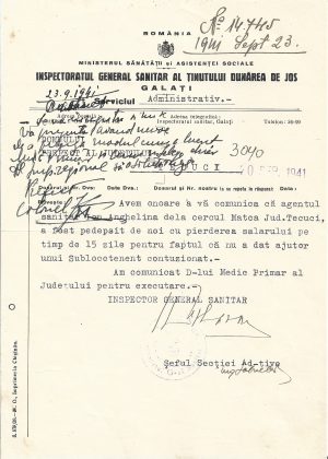 Sancționarea unui agent sanitar cu pierderea salariului pentru 15 zile pentru că nu a dat ajutor unui sublocotenent contuzionat, 20 septembrie 1941, Inspectoratul General Sanitar al Ținutului Dunărea de Jos, Galați