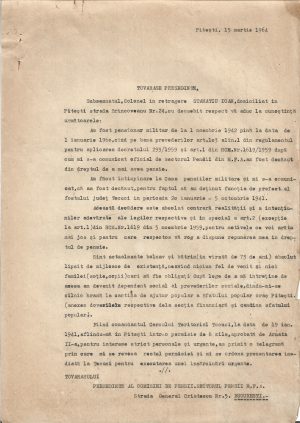Memoriu, 1964, Pitești, adresat autorităților referitor la pierderea pensiei de către un ofițer superior, fost prefect de județ în 1941, argumentând că a salvat evrei în timpul războiului, respectiv că a protejat comuniști în perioada interbelică