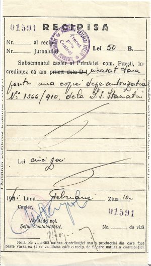 Recipisă Primăria Pitești, 1941