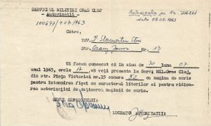Chemare la Miliție pentru înregistrarea mașinii de scris în vederea autorizației de deținere, 1963, Cluj