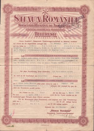 Poliță de asigurare Steaua României, Societate Română de Asigurări, 1936
