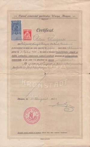 Cursul comercial particular Warga, Brașov, 1924, certificat de absolvire al cursului de contabil