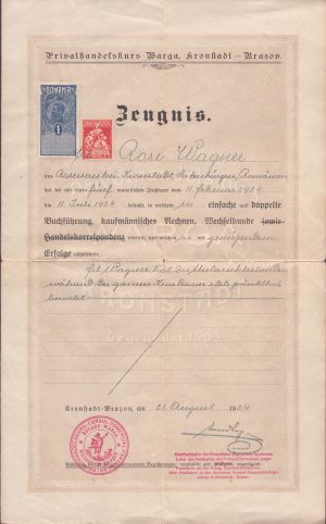Cursul comercial particular Warga, Brașov, 1924, certificat de absolvire al cursului de contabil, în limba germană