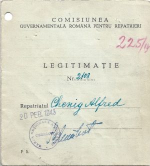 Legitimație de refugiat din teritoriul fost ocupat de bolșevici (Bucovina de Nord, Basarabia) și repatriat din Germania, 1943, refugiat din Cernăuți