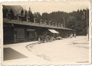 Piața din Bușteni, cu căruță în fața firmei "Lăptărie", 1942