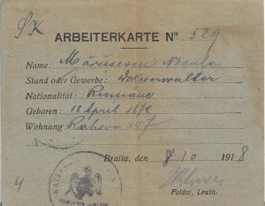 Carte de lucrător, Brăila, 1918, eliberată de autoritățile germane de ocupație