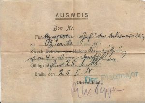 Ausweis eliberat de autoritățile germane de ocupație, Brăila, 1918