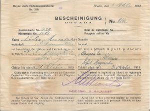 Bilet de legitimație și pașaport militar eliberat de autoritățile germane de ocupație, 1918, Brăila