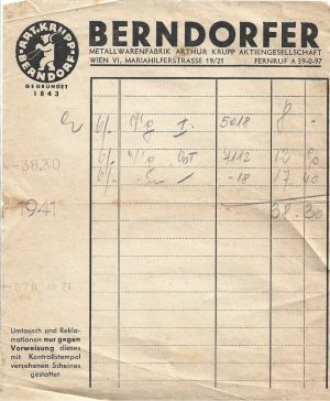 Act cu antet Berndorfer Metallwarenfabrik Arthur Krupp Aktiegesellschaft, Wien