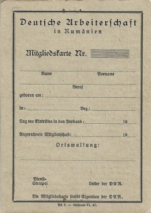 Deutsche Arbeiterschaft in Rumänien (organizație a Deutsche Volksgruppe in Rumänien), Mitgliedskarte, 1942