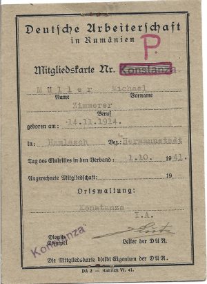 Deutsche Arbeiterschaft in Rumänien (organizație a Deutsche Volksgruppe in Rumänien), Mitgliedskarte, 1941, Constanța