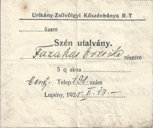 Mina Uricani, bon pentru 5 chintale de cărbune, 1925, Lupeni, în limba maghiară