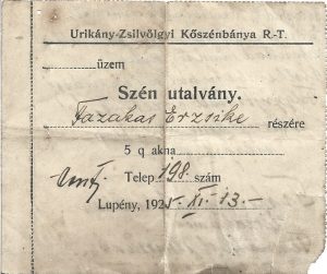 Mina Uricani, bon pentru 5 chintale de cărbune, 1925, Lupeni, în limba maghiară