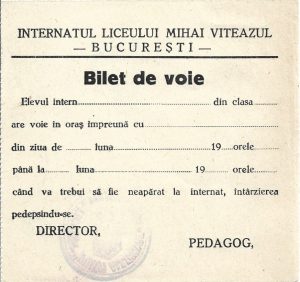 Bilet de voie, Internatul Liceului Mihai Viteazul, București, perioada interbelică