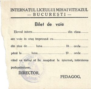 Bilet de voie, Internatul Liceului Mihai Viteazul, București, perioada interbelică