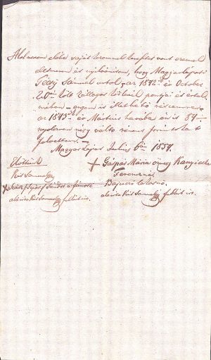 Zălogire de pământ pentru un împrumut de bani, 1854, Târgu Lăpuș, limba maghiară, hârtie cu filigran No 3 1840/Magyar nyelvű okirat, rajnai forint kölcsön, Magyarlapos, 1854