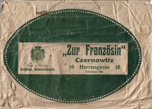 Pungă pentru cumpărături cu reclama firmei de pălării de damă Zur Französin din Cernăuți, ante 1918