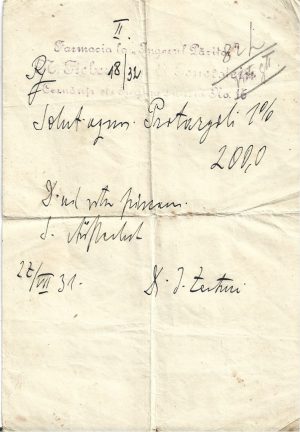 Rețetă magistrală cu antet Farmacia La îngerul păzitor, 1931, Cernăuți