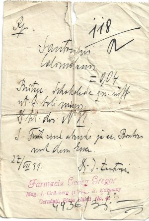 Rețetă magistrală cu antet Farmacia La îngerul păzitor, 1931, Cernăuți