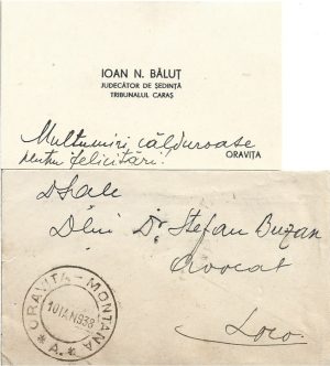 Ioan N Băluț, judecător de ședință, Tribunalul Caraș, 1938, Oravița, carte de vizită cu nota sa olografă