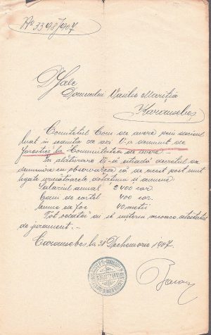 Înștiințare de numirea în funcția de forestier și asupra salarizării respective, 1907, Caransebeș, Comunitatea de avere a fostului regiment confiniar româno-bănățean Nr 13