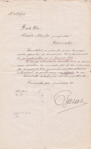 Înștiințare de numirea în funcția de primforestier și asupra salarizării respective, 1912, Caransebeș, Comunitatea de avere a fostului regiment confiniar româno-bănățean Nr 13