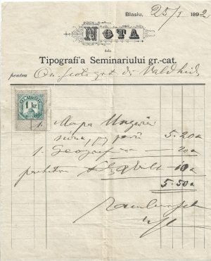 Notă de la Tipografia Seminarului greco-catolic Blaj, 1892