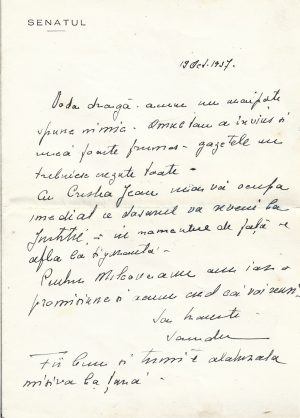 Scrisoare olografă cu antet Senatul României, 1937
