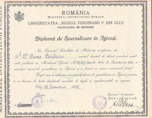 Diplomă de specializare în Igienă, 1937, Facultatea de Medicină, Universitatea Regele Ferdinand I din Cluj