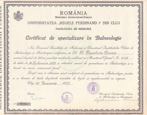 Diplomă de specializare în Balneologie, 1937, Facultatea de Medicină, Universitatea Regele Ferdinand I din Cluj