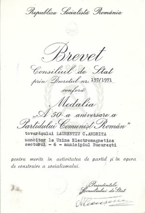 Brevet Medalia a 50-a aniversare a Partidului Comunist Român, 1971