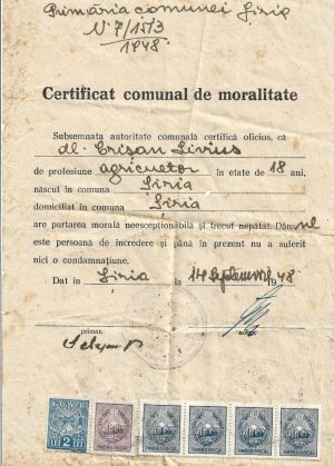 Certificat comunal de moralitate, 1948, Șiria, județul Arad