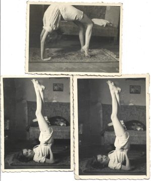Tânără face exerciții fizice, România, perioada interbelică, lot de 3 fotografii