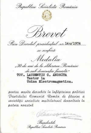 Brevet Medalia 30 ani de la eliberarea României de sub dominația fascistă, 1974