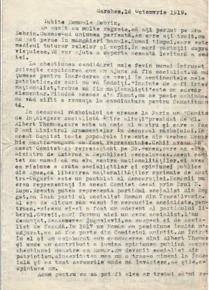 Traian Vuia, scrisoare inedită dată la 16 octombrie 1919 la Garches, Franța, către prefectul județului Caraș, George Dobrin, în care își afirmă cu tărie crezul politic socialist