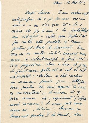 Cornelia Blaga, născută Brediceanu, scrisoare olografă, Cluj, 1953, cu relatare despre Lucian Blaga