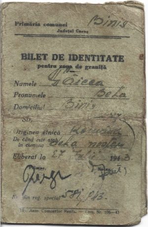 Bilet de identitate pentru zona de graniță emis de primăria Biniș, 1943