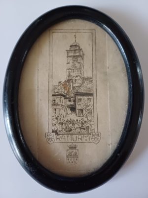 Primăria Sibiu, gravură înrămată de secol al XIX-lea, cu inscripție în limba germană