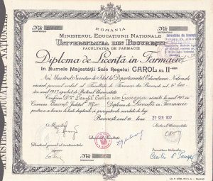 Diplomă de Licență în Farmacie, 1937, Universitatea din București